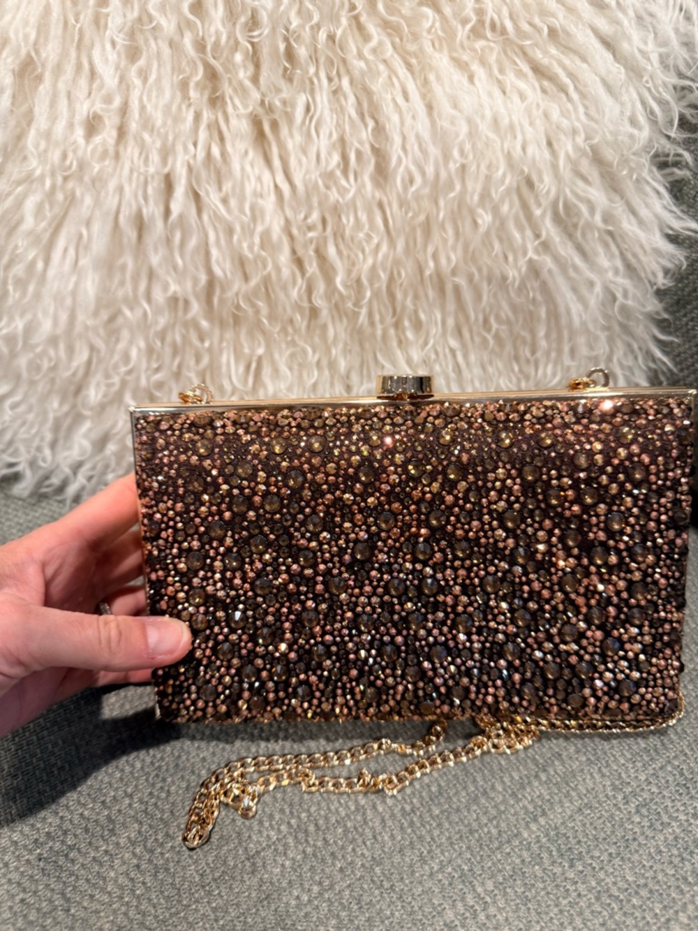Olga Berg Brown Beaded Evening Clutch with Gold Chain